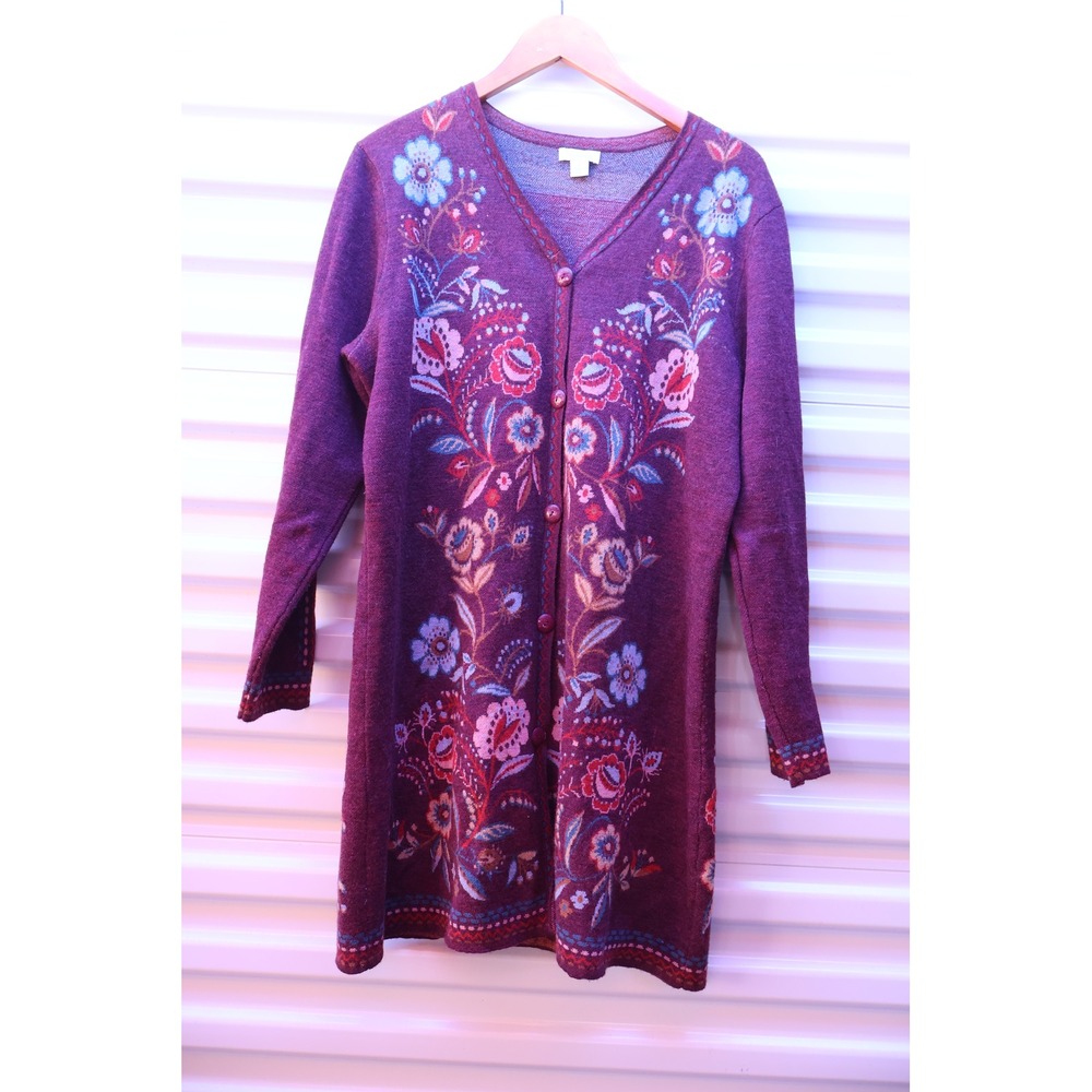 Sundance Purple 100% Merino Wool Floral Embroidered Long Cardigan Sweater L